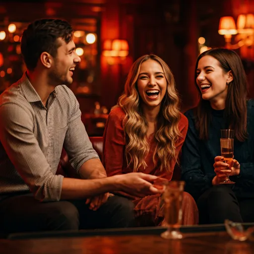 Lifestyle swinger group of adults laughing together in a cocktail bar