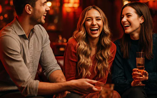Diverse group of adults laughing together in a cocktail bar
