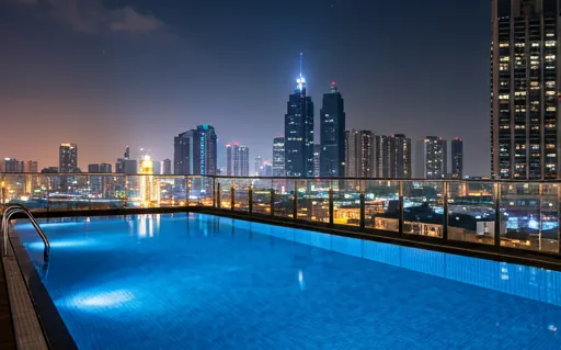 Luxurious rooftop swimming pool at night with ambient lighting